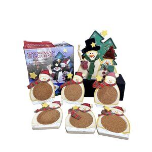 Vintage 2005 Snowman Christmas Coaster Set Holiday Collection 6 Coaster & Holder